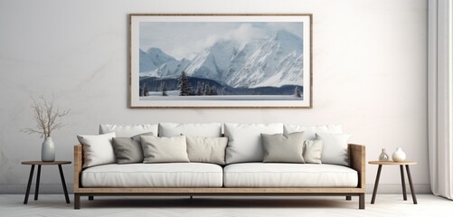 Modern Scandinavian bedroom with a minimalist Nordic bed, fjord art, and a blank mockup frame on a glacier white wall