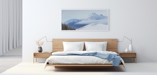 Modern Scandinavian bedroom with a minimalist Nordic bed, fjord art, and a blank mockup frame on a glacier white wall