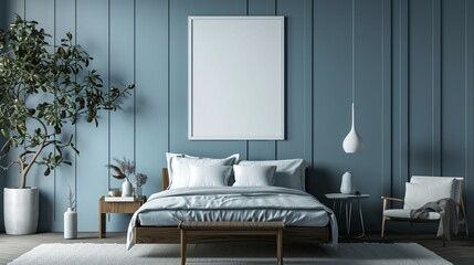 Modern Scandinavian bedroom with a clean lines bed, Nordic design, and a blank mockup frame on a cool ice blue wall