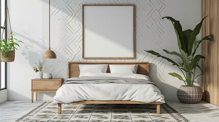 Modern Scandinavian Contemporary bedroom with a Nordic bed, minimalist art, intricate Nordic wall patterns, and a blank mockup frame