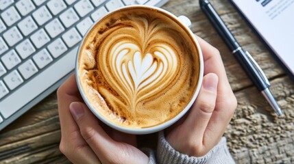 Coffee with heart shape latte art with laptop computer keyboard. - 711133619