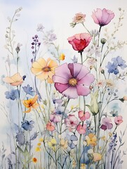 Delicate Watercolor Florals: Vintage Wall Art with Wildflower-filled Landscapes