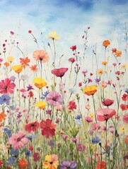 Fototapeta premium Delicate Watercolor Florals: Vintage Wildflower Fields, Rustic Landscape Painting Wall Art