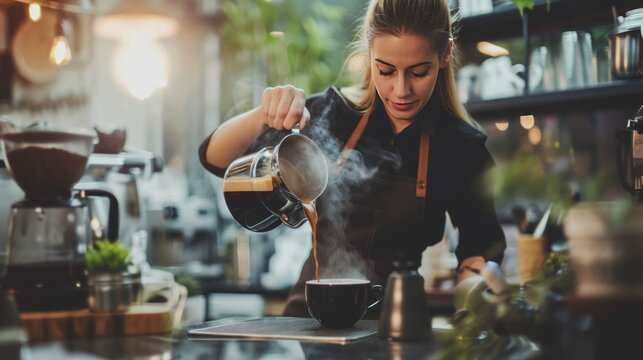 Hot steaming coffee drinks are being made in a coffee shop.