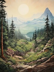 Dreamy Mountain Pass Paintings - Vintage Art Print of Evergreen Expanses