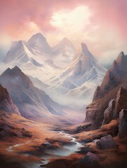 Fototapeta premium Dreamy Mountain Pass Paintings: Vintage Landscape Art of Rugged Peaks