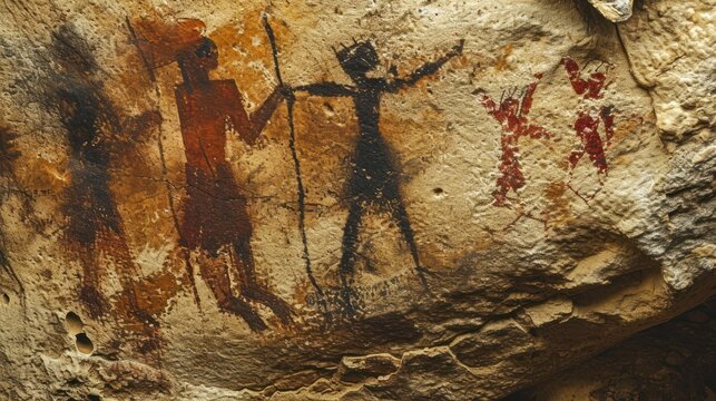 Prehistoric rock painting on ancient cave wall by caveman.
