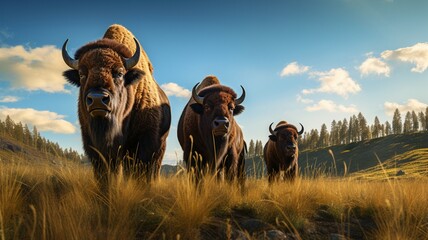 Idyllic Pastoral Scene with a Herd of Yaks Grazing on Lush Green Meadow under a Clear Blue Sky - AI-Generative