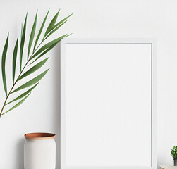 White blank paper with frame and green leaves. Minimal design with copy space. Natural Template for presentation. Nature wallpaper. Minimalist concept. Beautiful Nature Flyer. Interior design
