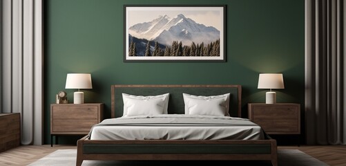 Mountain retreat bedroom with a rustic wooden bed, alpine landscape art, and a blank mockup frame on a forest green wall