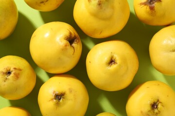 Tasty ripe quinces on light green background, flat lay