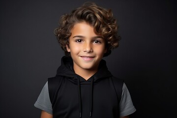 Portrait of a cute little boy with curly hair against black background