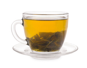Fresh green tea in glass cup, leaves and saucer isolated on white