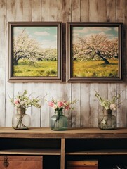 Fresh Spring Blossom Prints: Vintage Flair Wall Art Showcasing Blossoming Trees and Wildflower Fields