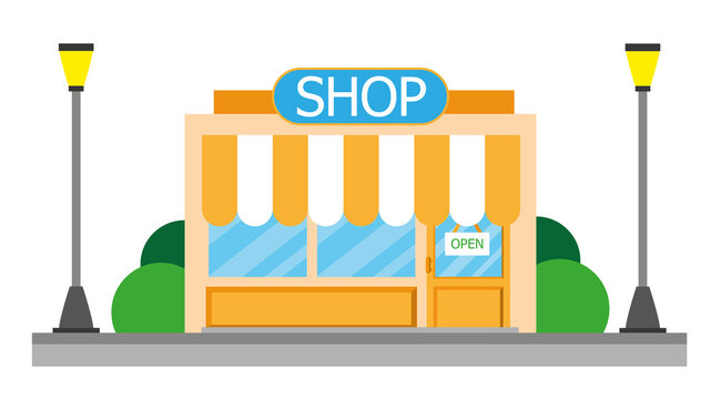 Vector e ilustración de tienda, abierta en la calle. Dibujo de "shop" con cartel de "Open" para comercios, web e impresión.