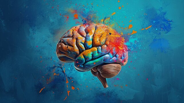 Colorful Brain Painting on Blue Background