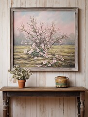Fototapeta na wymiar Fresh Spring Blossom Prints: Vintage Landscape Wall Art with Field Painting and Blooms
