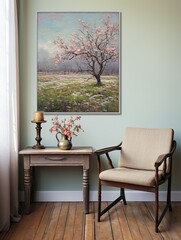 Vintage Landscape Wall Art: Fresh Spring Blossom Prints with Field Painting Blooms