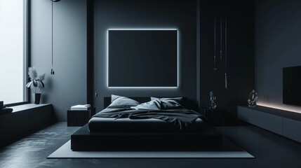 : A minimalist Contemporary bedroom in a futuristic smart home, with a monochrome black 