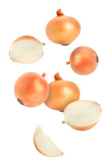 Yellow onion bulbs falling on white background