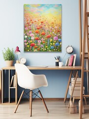 Fresh Spring Blossom Prints: Wildflower Field Landscape Wall Art - Vintage Painting with Bright Colors
