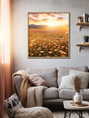 Golden Hour Delight: Gold-Toned Wall Decor featuring Wildflower Field Impressions