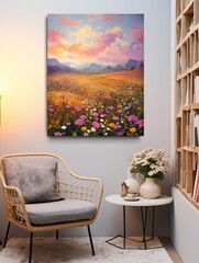 Golden Hour Sunset Fields: Vintage Painting Excellence | Dusk Wildflower Wall Art