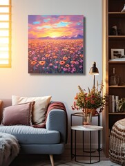 Golden Hour Sunset Fields: Wildflower Wall Art at Dusk � Captivating Vintage Painting Excellence
