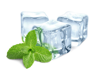 Green mint and ice cubes isolated on white