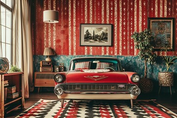 Retro 1950s Americana Contemporary bedroom with a classic car bed, Americana decor, intricate Americana wall patterns, and a blank mockup frame