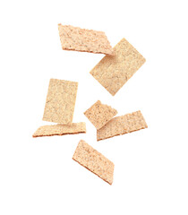 Crispbreads falling on white background. Healthy snack
