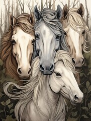 Hand-Drawn Wildlife Portraits: Vintage Landscape of Wild Horses Herd
