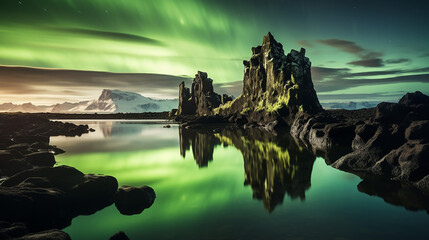 Naklejka premium Hvitserkur northern lights green reflection in Iceland Northern lights with aurora borealis green