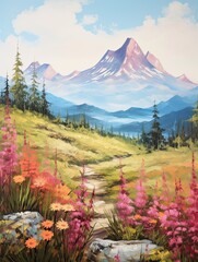 Hand-Painted Vintage Field Painting Craft: Alpine Meadows, Rugged Peaks, and Mountain Scenes