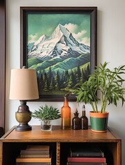 Hand-Painted Mountain Scenes: Alpine Beauty Vintage Print of Field Painting and Snowy Peaks
