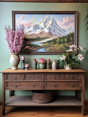Hand-Painted Mountain Scenes: Majestic Landscape Visions with Vintage Artistry and Wildflower Accents
