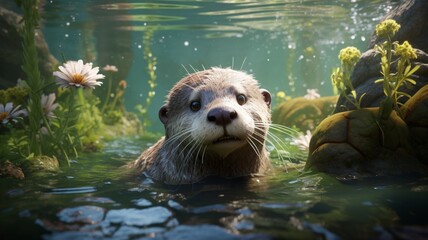 Adorable Sea Otter Floating on Calm Waters, Bathed in Golden Sunset Glow - AI-Generative