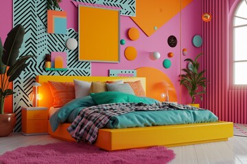 Retro 1980s pop Contemporary bedroom with a vibrant bed, neon art, intricate geometric wall patterns, and a blank mockup frame