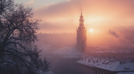 Fototapeta premium Beautiful historical buildings in winter with snow and fog in Prague city in Czech Republic in Europe.
