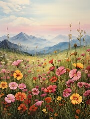 Hand-Painted Mountain Scenes: Vintage Landscape Wildflower Field on Canvas