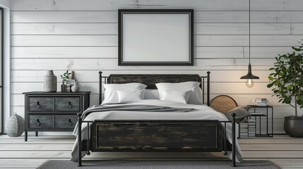 : A minimalist Contemporary bedroom in a modern farmhouse, with a monochrome black bed, a distressed black wooden dresser, and a blank mockup frame on a shiplap wall painted in a soft, matte black