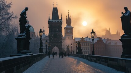 Charles bridghe with beautiful historical buildings at sunrise in winter in Prague city in Czech Republic in Europe.