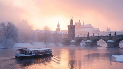 Charles bridghe with beautiful historical buildings at sunrise in winter in Prague city in Czech Republic in Europe. - 711139212