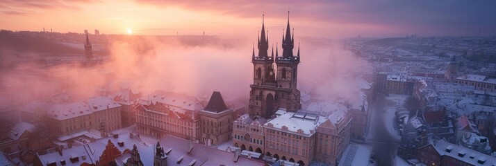 Beautiful historical buildings in winter with snow and fog in Prague city in Czech Republic in Europe. - 711139215