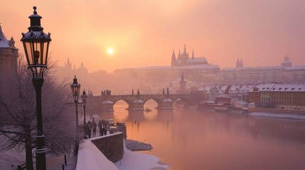 Charles bridghe with beautiful historical buildings at sunrise in winter in Prague city in Czech Republic in Europe. - 711139231