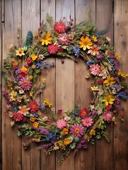 Fototapeta na wymiar Handcrafted Vintage Wildflower Heritage: Celebrating Rustic Floral Wreath Wall Art