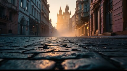 Low angle view of street with historical buildings in Prague city in Czech Republic in Europe. - 711139292