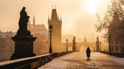 Statue on rooftop with beautiful historical buildings at sunrise in winter in Prague city in Czech Republic in Europe. - 711139454