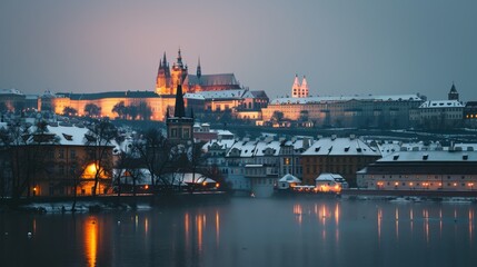 Fototapeta na wymiar Beautiful historical buildings in winter with snow and fog in Prague city in Czech Republic in Europe.