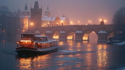 Boat in river with bridge and beautiful historical buildings in winter in Prague city in Czech Republic in Europe. - 711139630